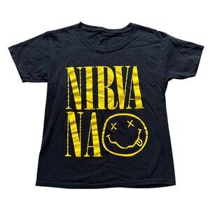 Nirvana Black Graphic T-Shirt With Yellow Smile Logo Print Medium 100% Cotton Si